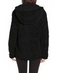 Black Zipper Hooded Faux Fleece Solid Color Jacket