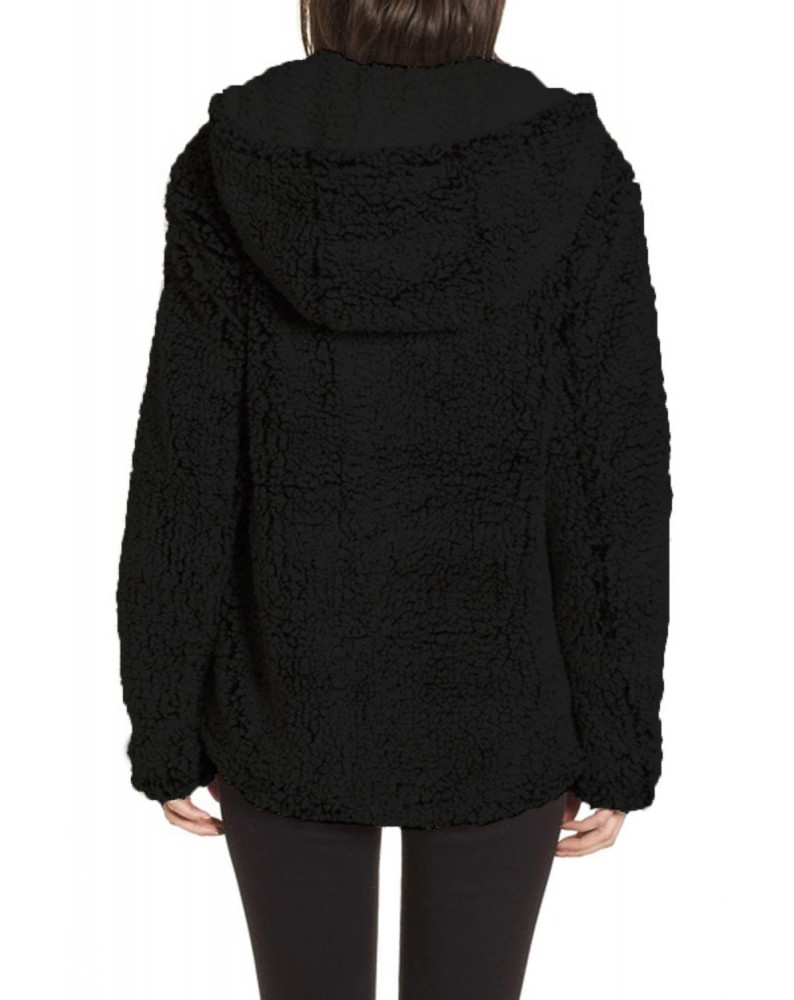 Black Zipper Hooded Faux Fleece Solid Color Jacket