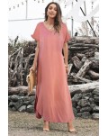 Pink Loose Fit Cotton Blend V Neck Maxi Dress with Slits