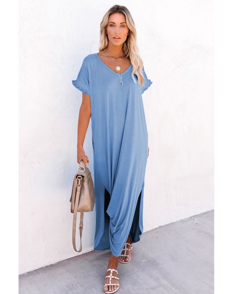 Sky Blue Loose Fit Cotton Blend V Neck Maxi Dress with Slits