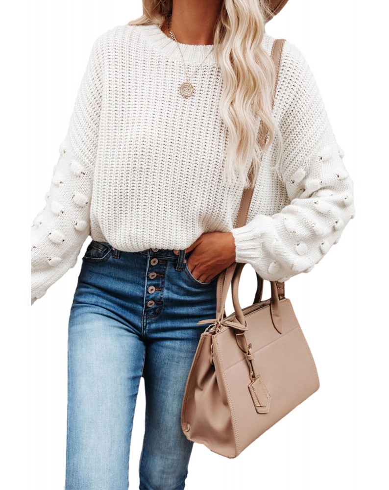 White Bubble Sleeve Cropped Knit Sweater