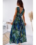 Green Floral Printed V Neck Open Back Sleeveless Maxi Dress
