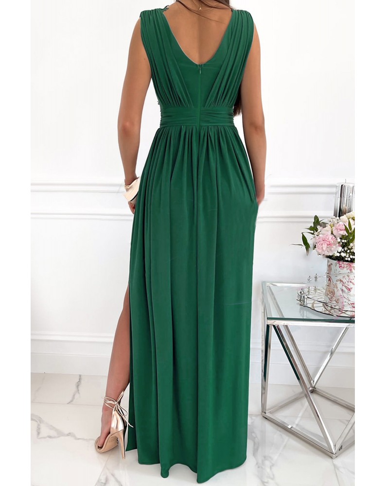 Green Crochet V Neck Sleeveless Ruched High Waist Maxi Dress