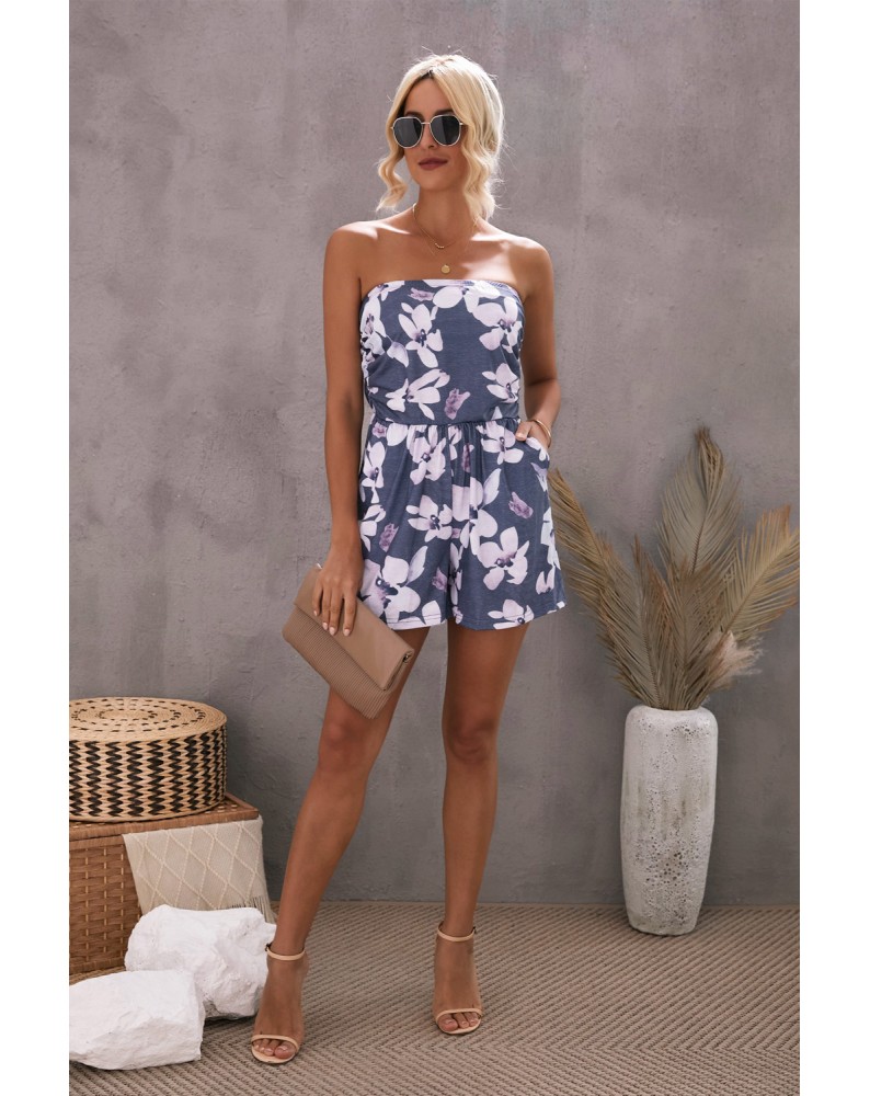 Gray Bandeau Floral Print Romper with Pockets