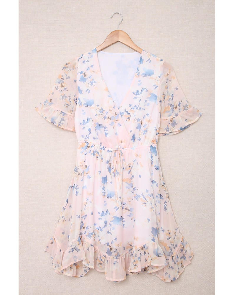 Pink Floral Print Flared Sleeve Ruffle Dress