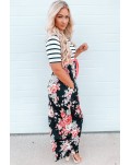 Floral Striped Color Block Lace-up High Waist Maxi Dress