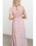 Pink Floral Textured V Neck Smocked Maxi Dress