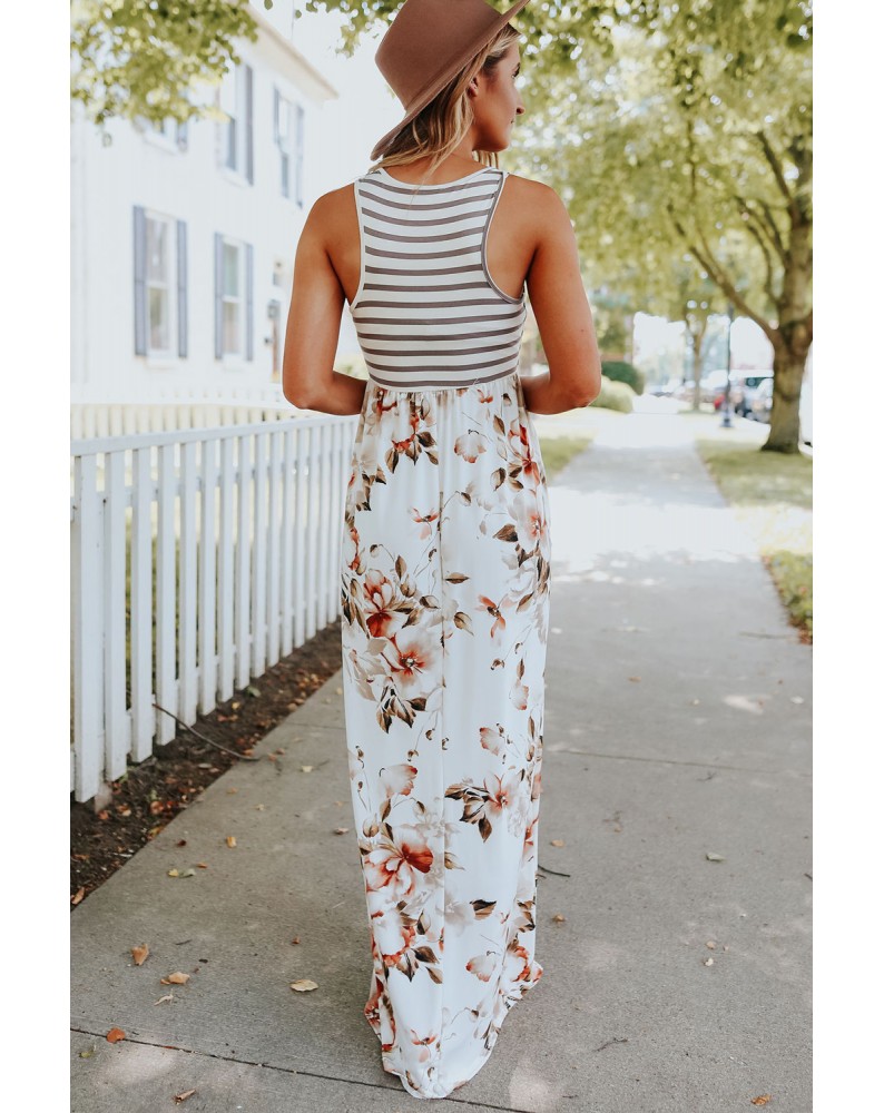 White Striped Floral Print Sleeveless Maxi Dress with Pocket