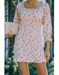 Red Square Neck Puff Sleeve Floral Dress
