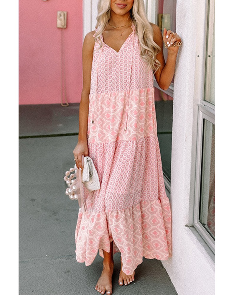 Pink  Abstract Print Split Neck Sleeveless Maxi Dress