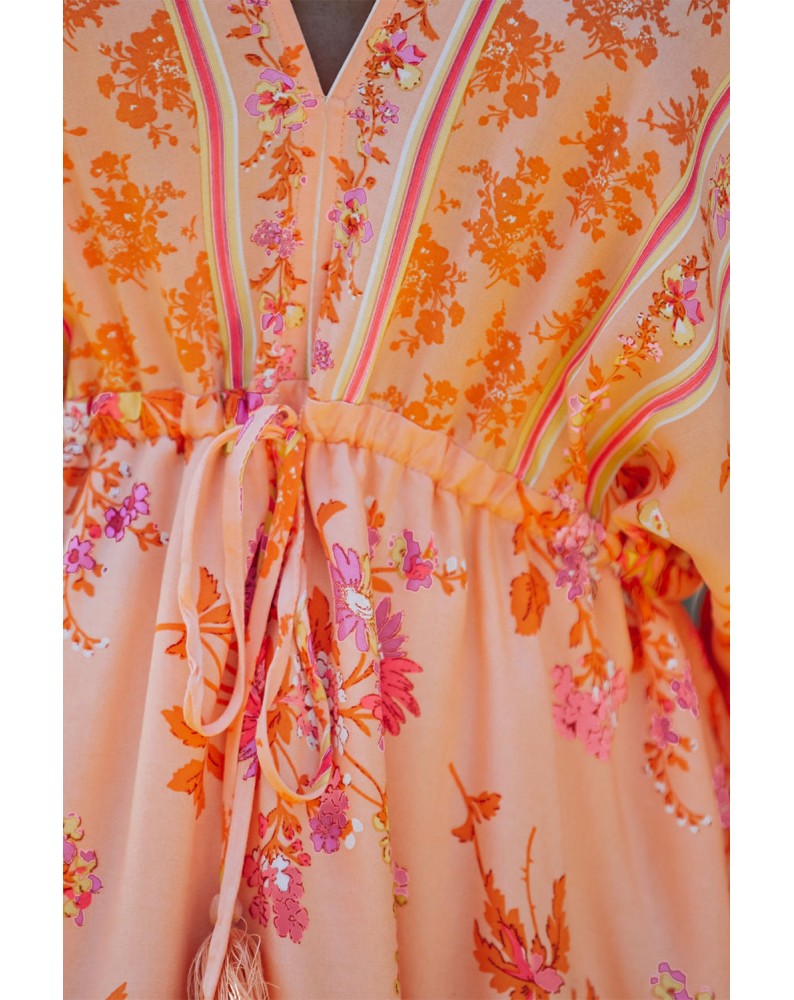 Floral Tassel Drawstring Kimono Dress