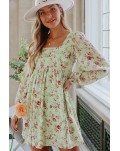 Green Square Neck Empire Waist Babydoll Floral Dress