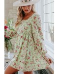 Green Square Neck Empire Waist Babydoll Floral Dress