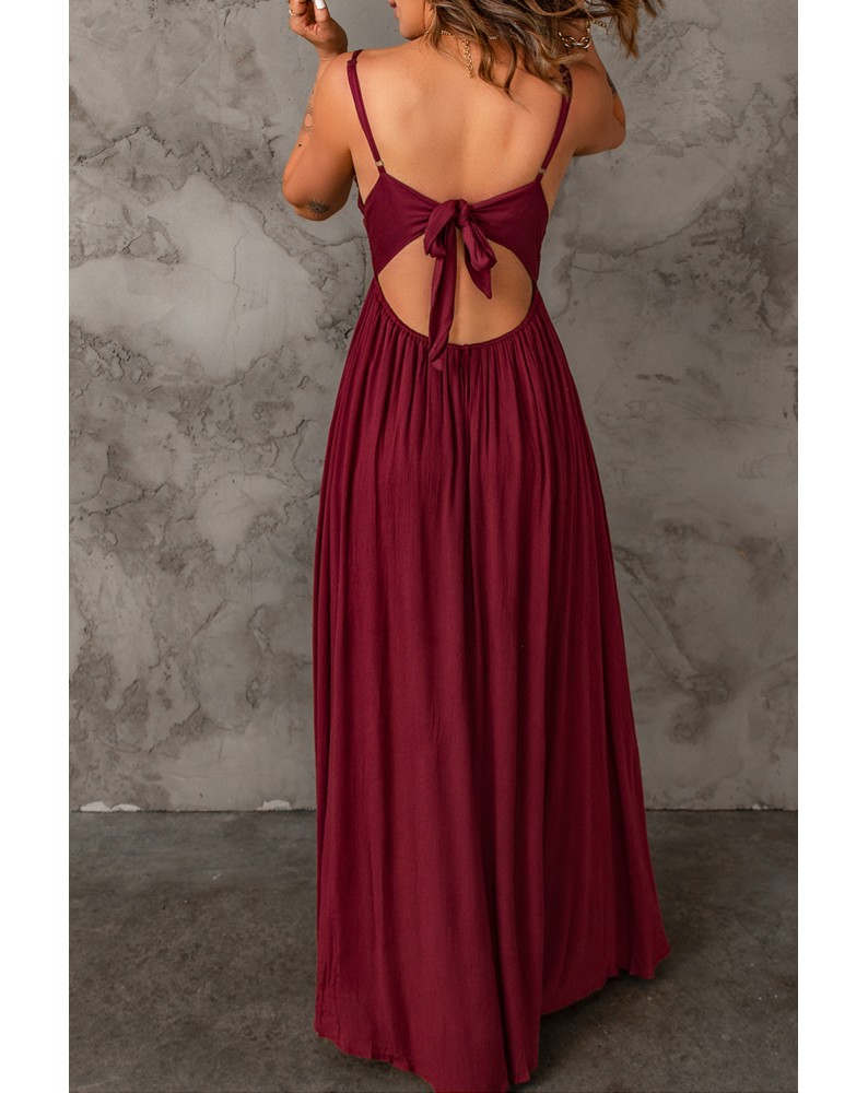Red Lace Crochet Bow Knot Backless High Waist Maxi Dress