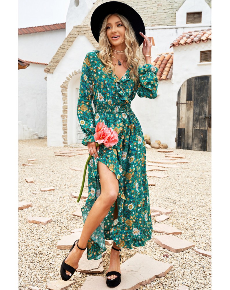 Green Boho Ruffles Smocked Waist Floral Print Maxi Dress