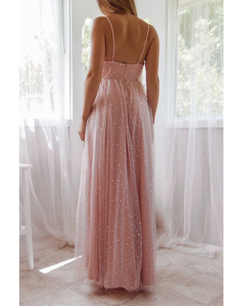 Pink Spaghetti Straps Backless Sequin Tulle Gown
