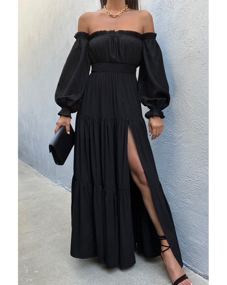 Black Frilled Off-the-shoulder Puff Sleeve Pleated Maxi Dress with Slit