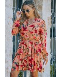 Red Frilled Collar Long Sleeve Floral Dress with Ruffle