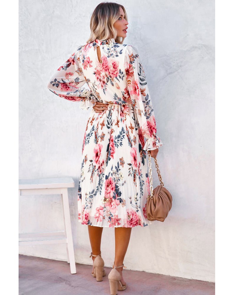 Floral Print Puffy Sleeve Ruffled Midi Dress